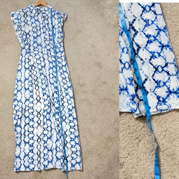 Rebecca Taylor Silk Maxi Dress Button Front Short Flutter Sleeve Blue White Sz 8 - Picture 12 of 16
